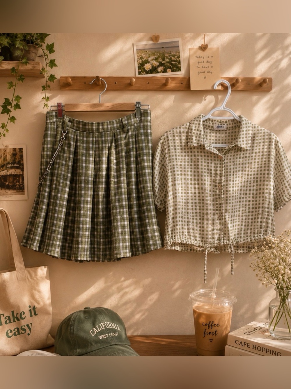 Hot Topic Green Plaid Pleated Skirt Set with Ardene Cream Checked Crop Shirt
